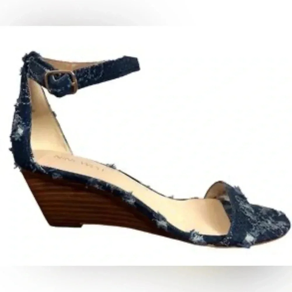 Nine West Blue Denim Sling Back Open Toe Wedge Heels Size 7